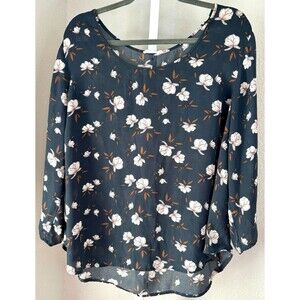 Lush Womens Floral Blouse Top Shirt Sheer Button Tab Sleeve‎ Navy Blue 1X - 2X